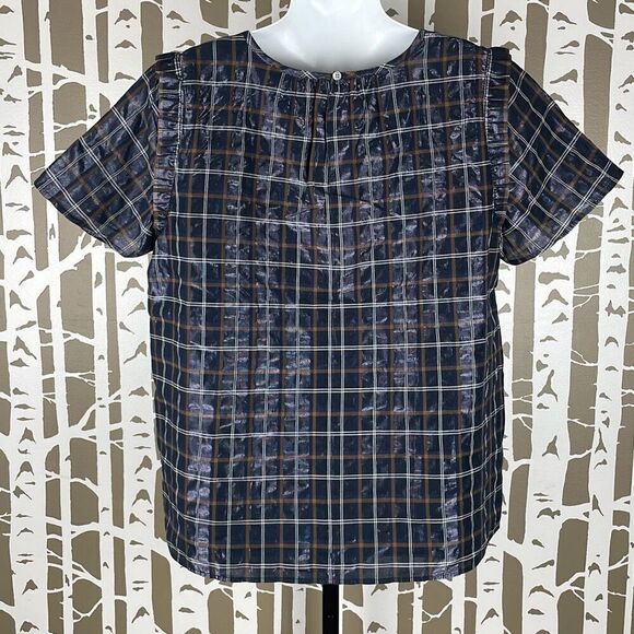 LOFT Metallic Finish Plaid Short Sleeve Blouse NEW L - Picture 4 of 7
